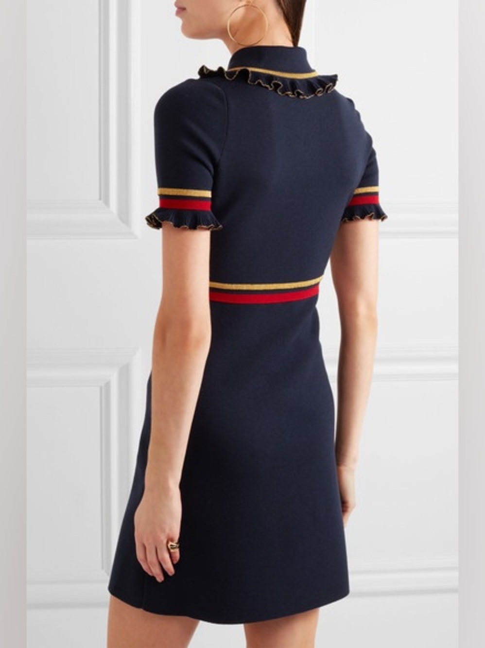 Gucci Pearl Embellished Ruffled Wool Blend Mini Dress Size Small NWT Navy - Picture 4 of 11